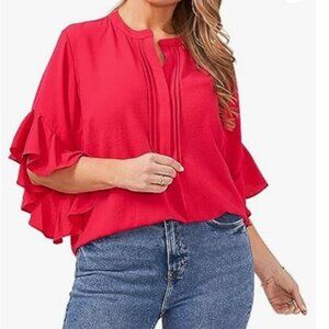 NWT Vince Camuto 3X Ruffle Sleeve Henley Blouse in Cherry Red (ABBA)